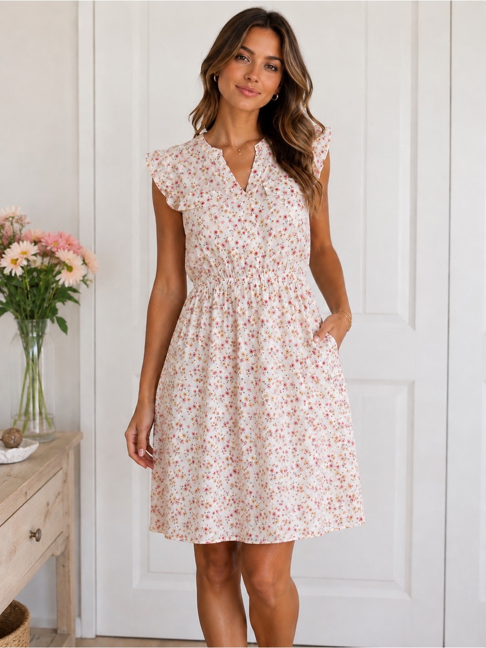Women's Cream Floral V-Neck Sundress